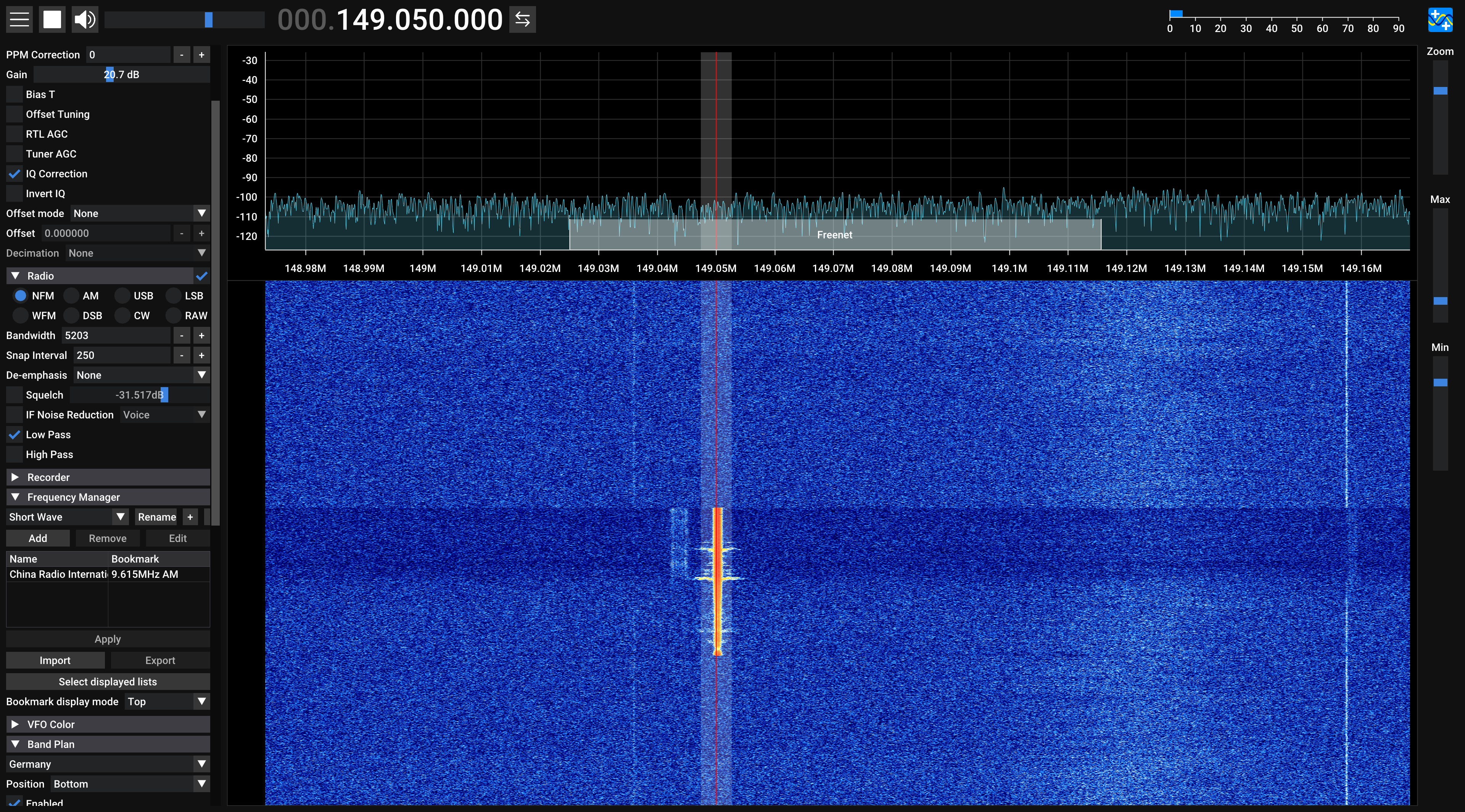 A short burst in the waterfall diagram, at 149.05 MHz.