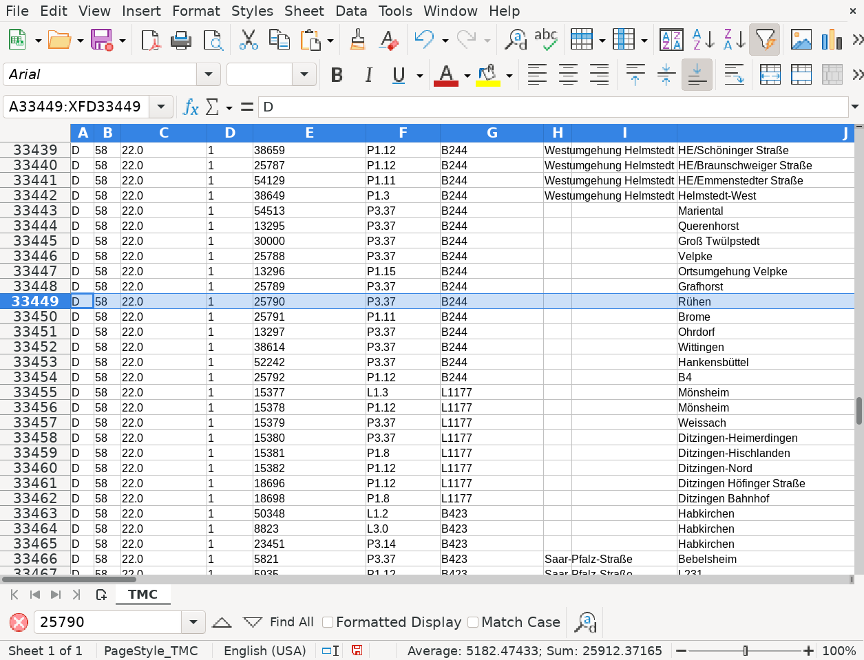 An Excel file, with the proper street and town highlighted.