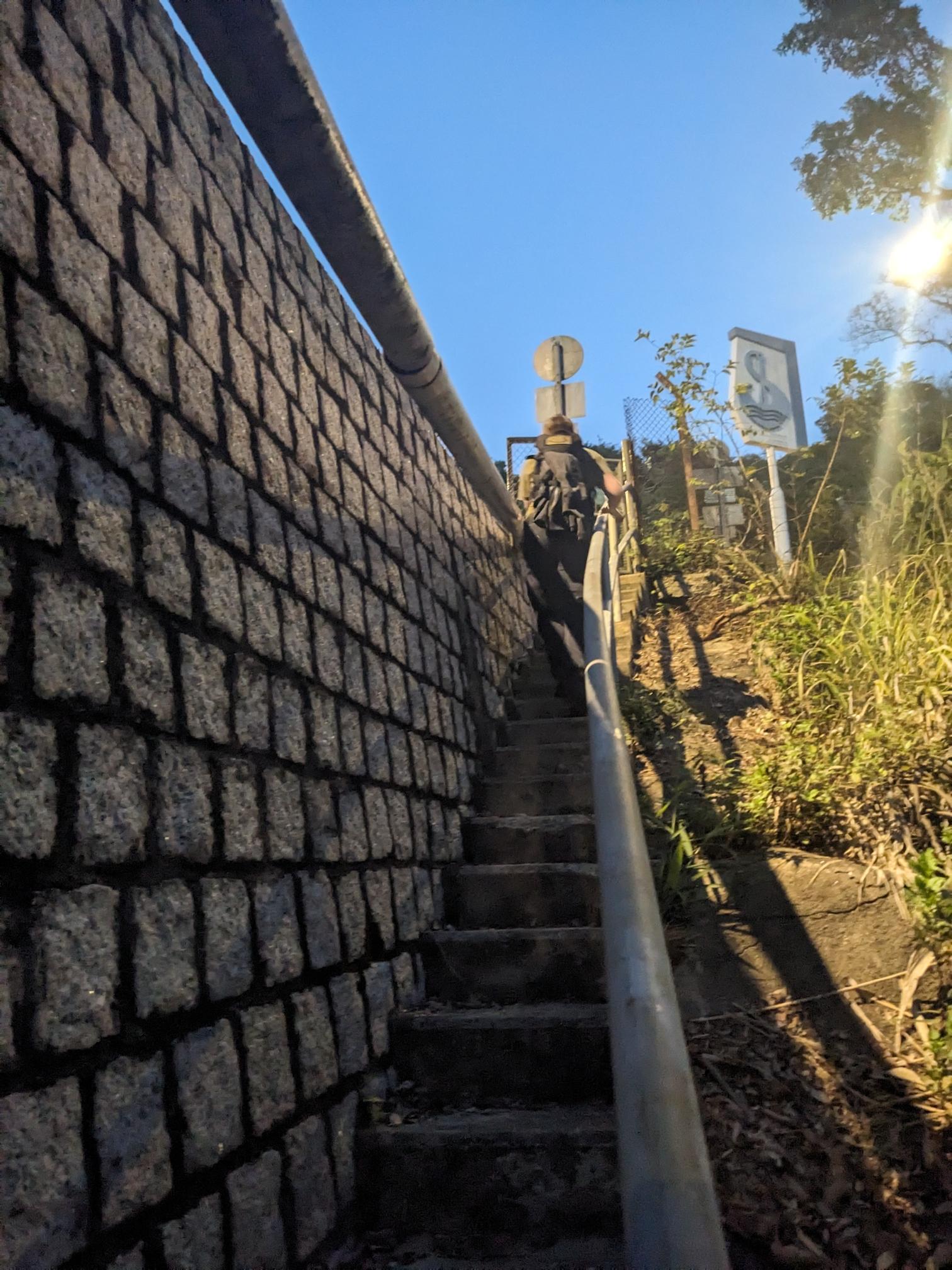 A person reaches street level using stairs. A person reaches street level using stairs.