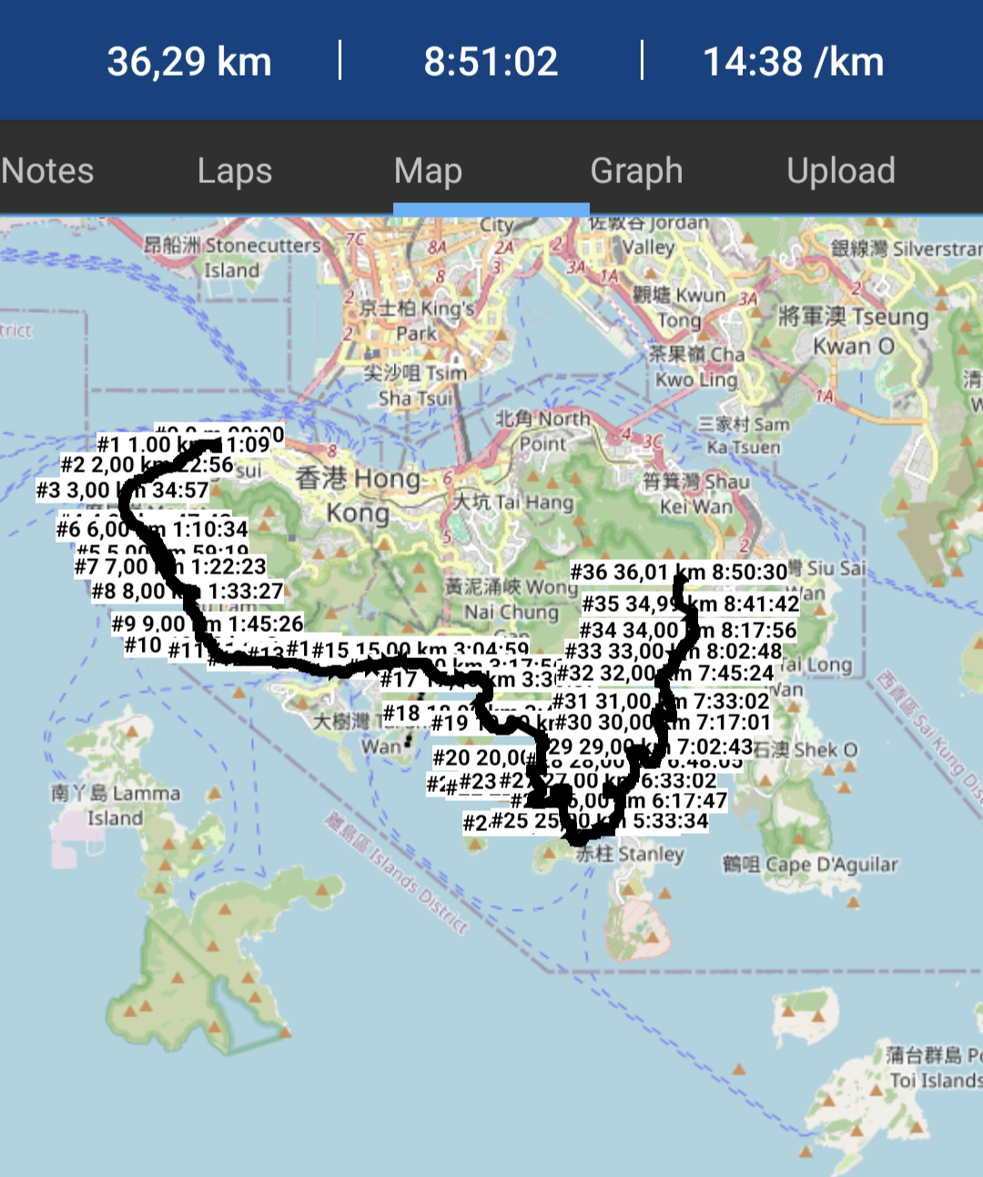 36 km in a bit under 9 hours. Following around half of Hong Kong Island along the coast, then 10 km up through the island's center. 36 km in a bit under 9 hours. Following around half of Hong Kong Island along the coast, then 10 km up through the island's center.