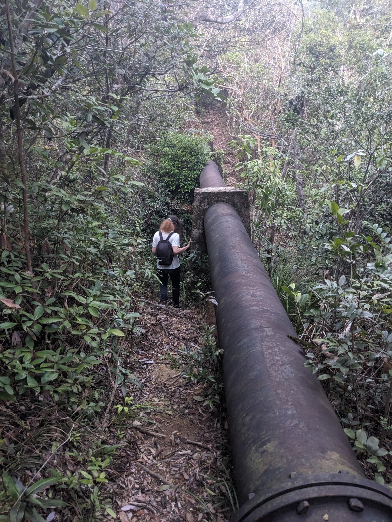 A thick metal pipe, with a person next to it. A thick metal pipe, with a person next to it.