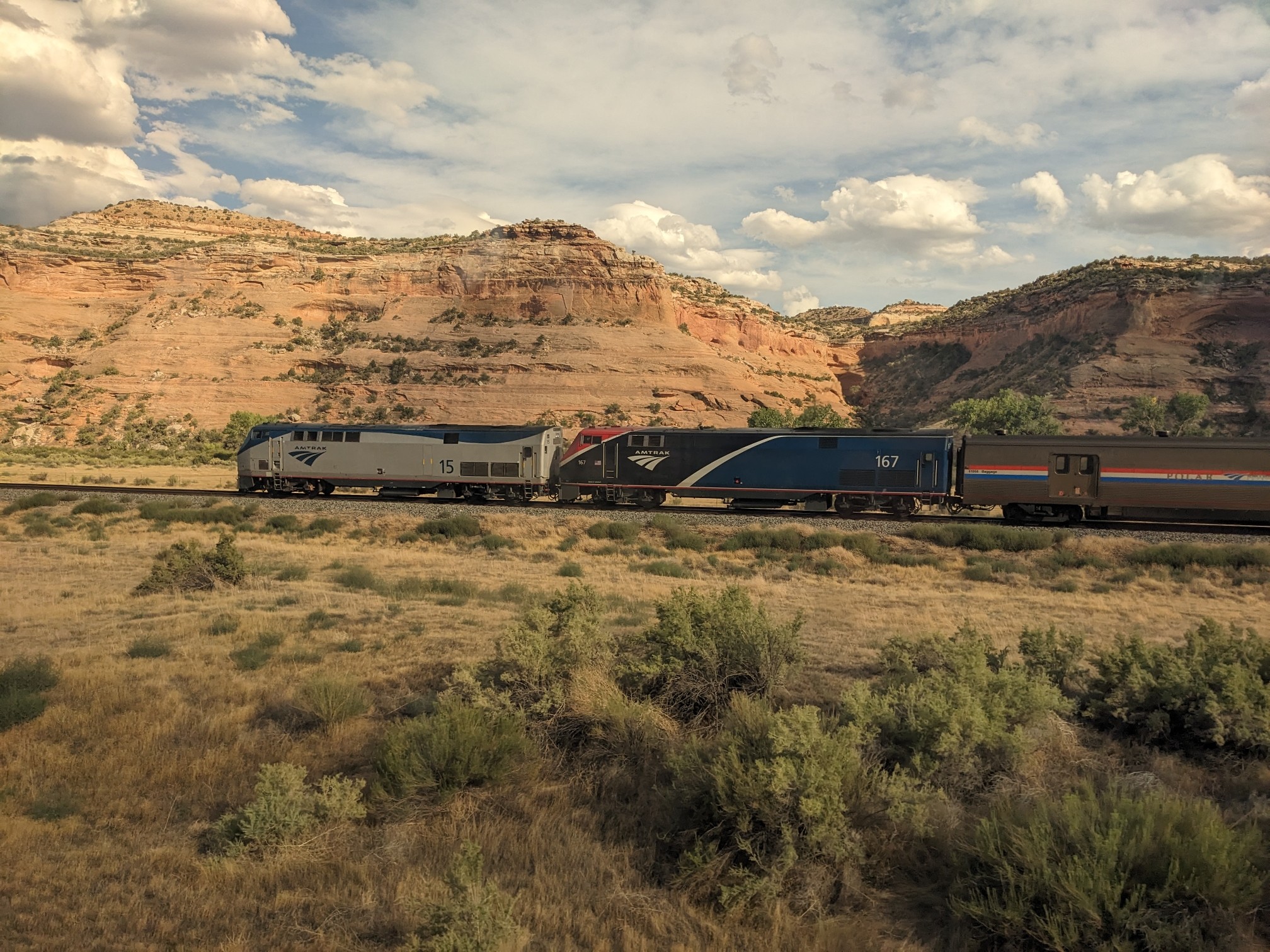 A train like ours in a desert-y landscape.