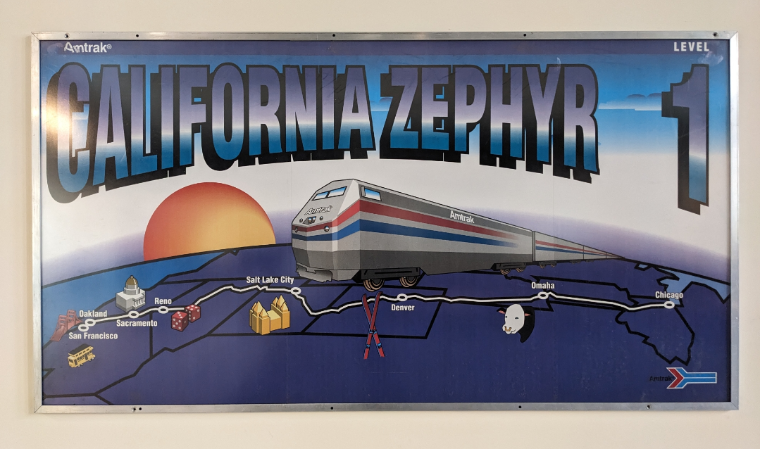 A stylized poster for the California Zephyr train from Chicago to Oakland.