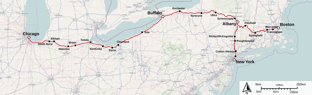 The train's route shown on a map. It goes through Albany, Buffalo, and Cleveland, and alongside Lake Erie.