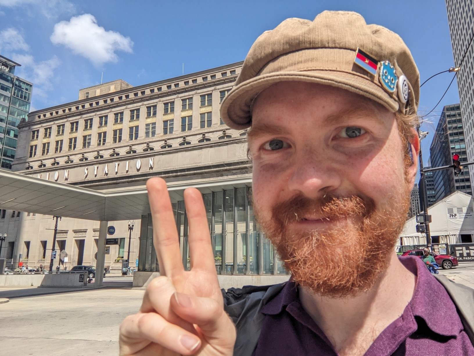 Me, a red-bearded white human, in front of Chicago's Union Station.