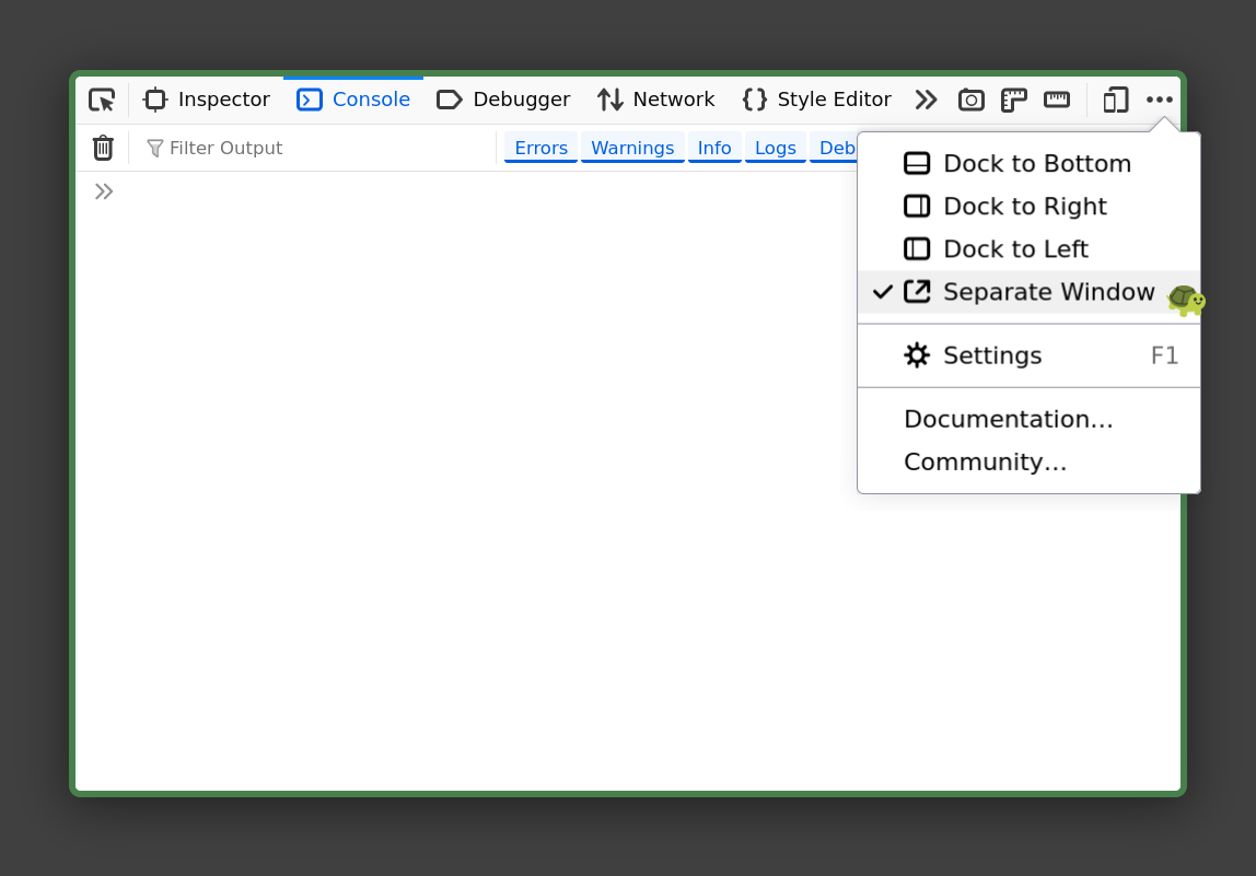 Screenshot of Firefox' DevTools toolbox. I show the described menu.