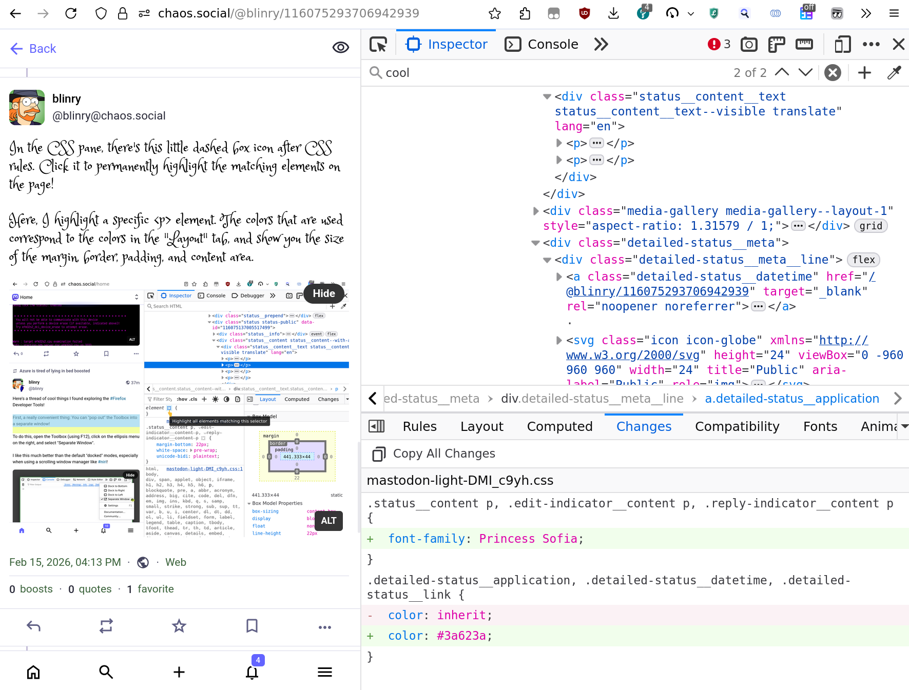 I've changed the font of Mastodon toots to a fancy handwritten one, and one color go a green. The Changes tab summarizes that.