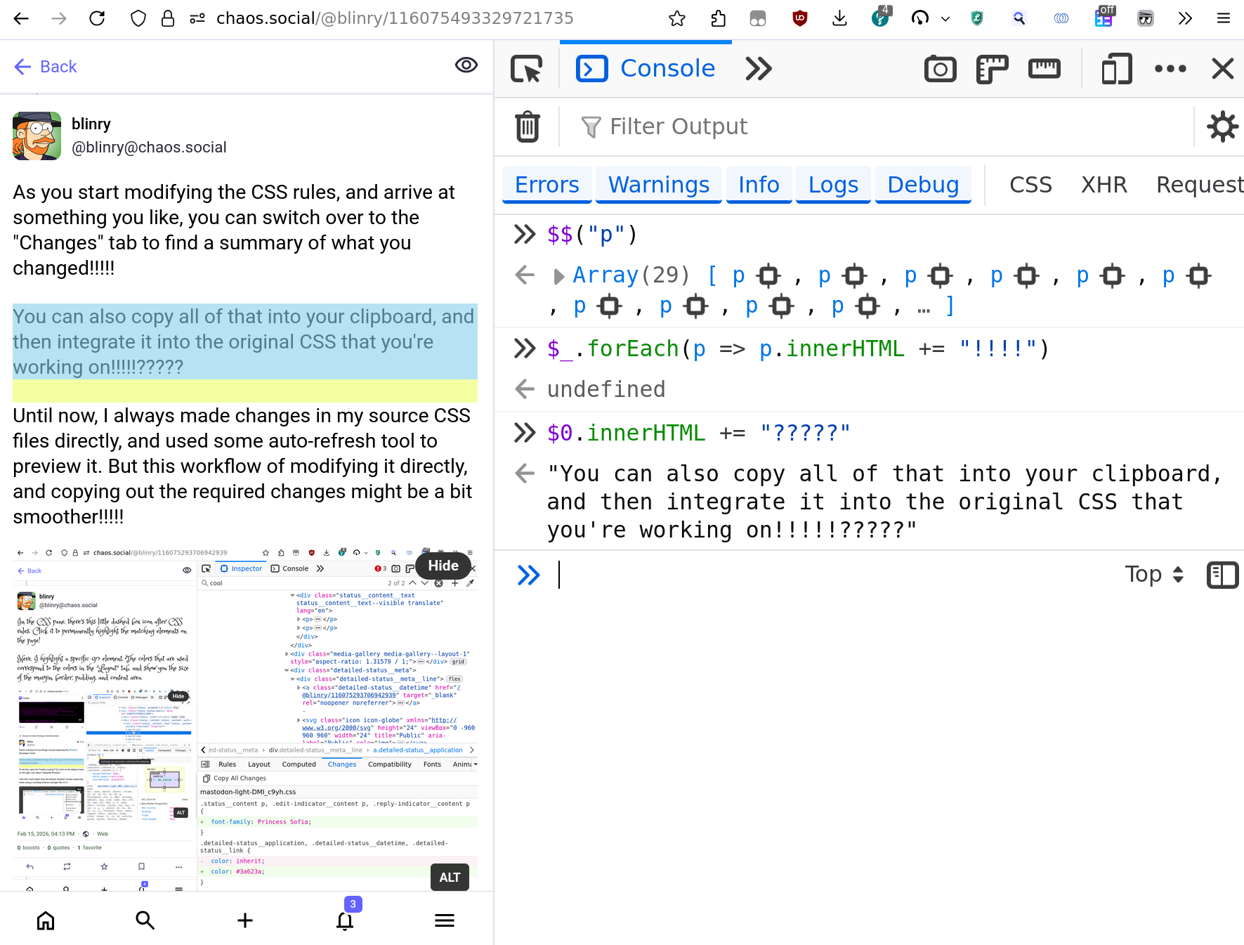 I first get all <p> elements, then append exclamation marks to all of them using $&lowbar;. Then, I add question marks to one specific <p> element using $0.