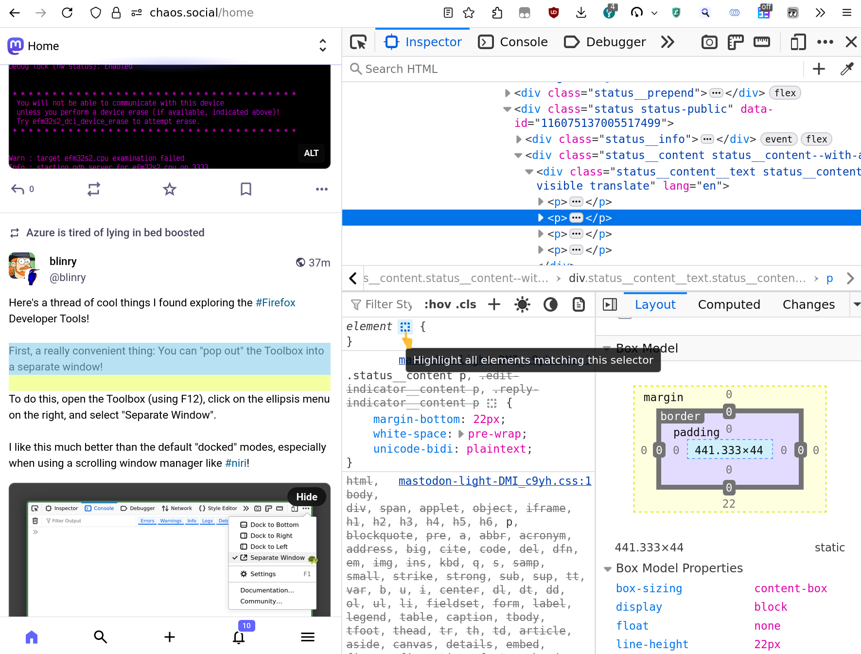 That paragraph element is highlighted like I describe.