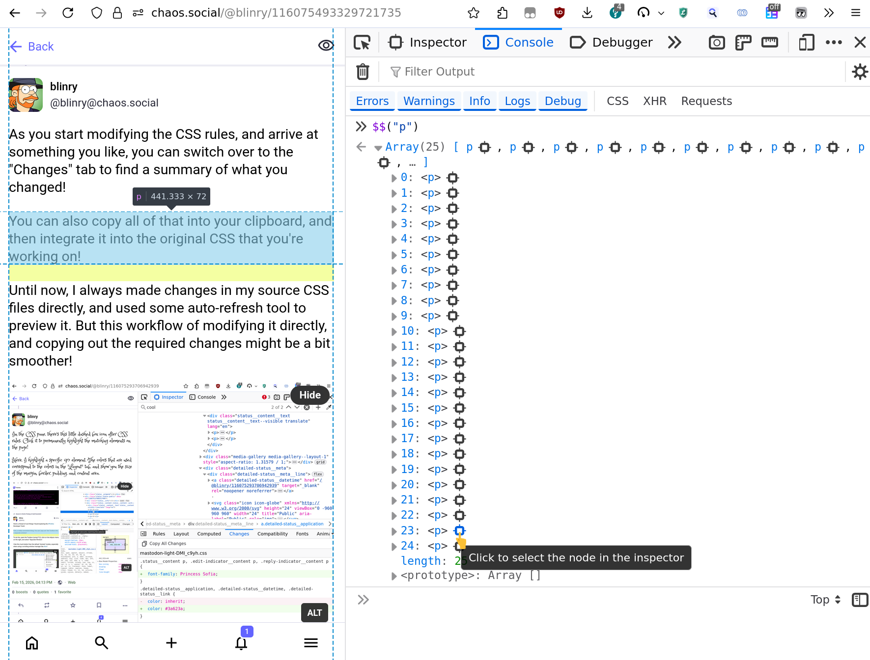 I run $$("p") to output all <p> elements on the page.