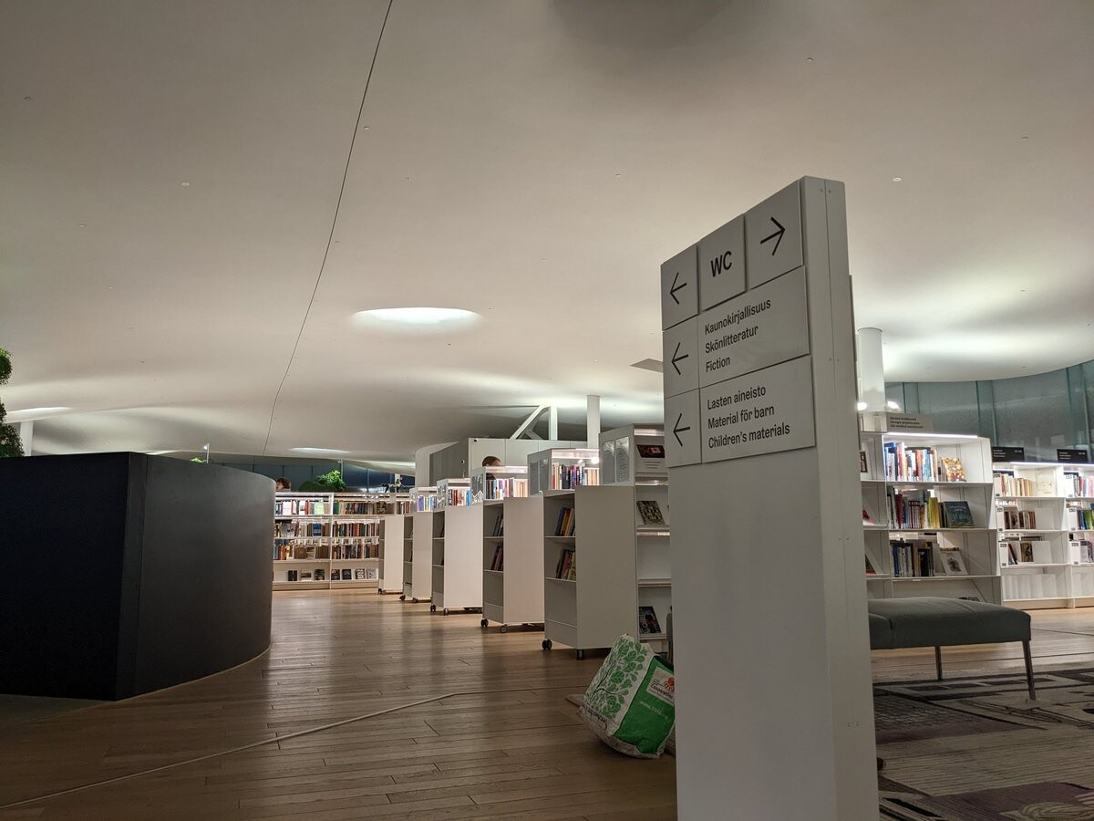 White bookshelves under a cool organic ceiling.