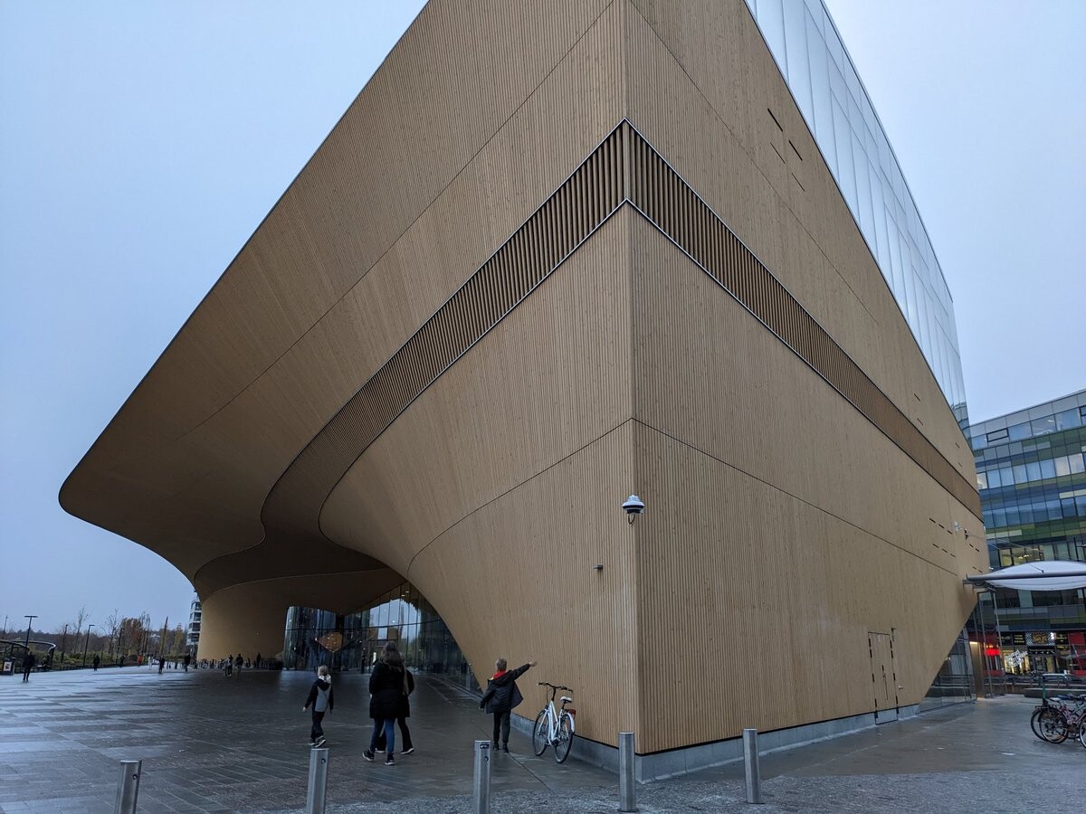 An organic-looking building with both sharp corners and smooth edges, against a gray sky.