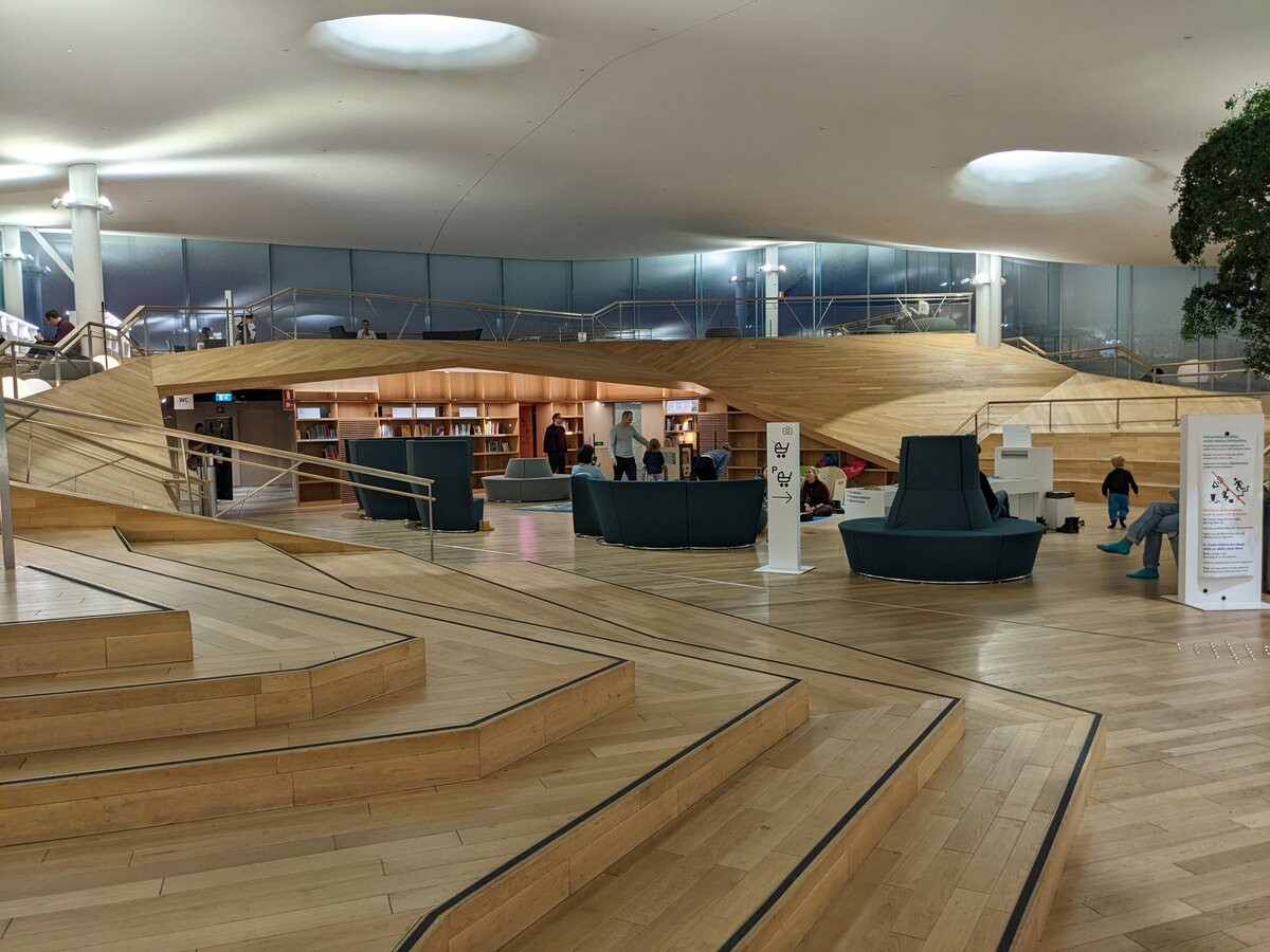 Wooden area with stairs, ramps, and small people.