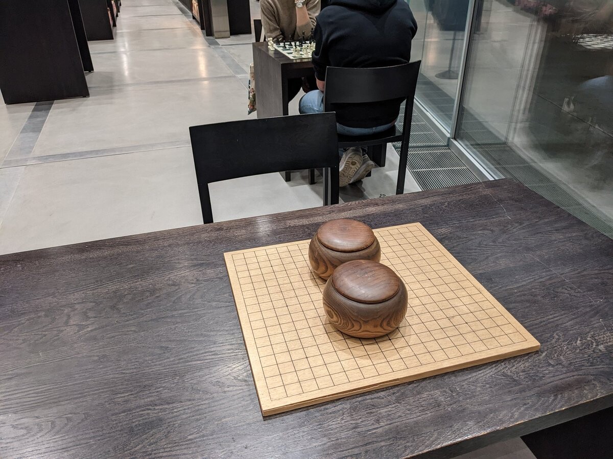 A go board on a dark table.