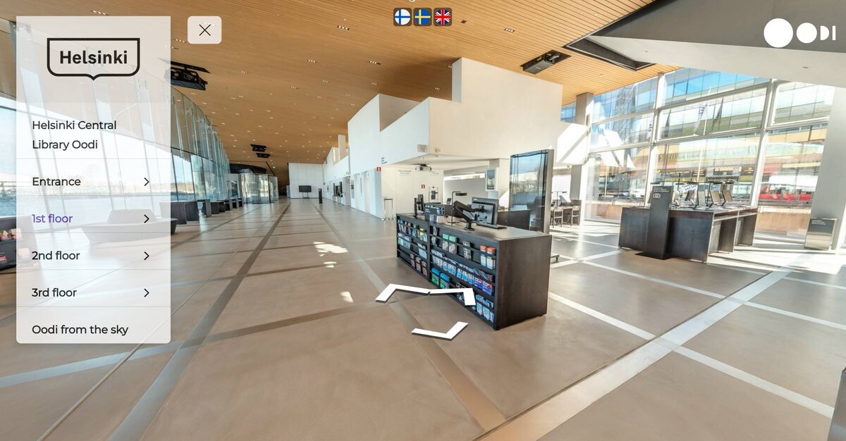 A StreetView-like view of Oodi's entrance.