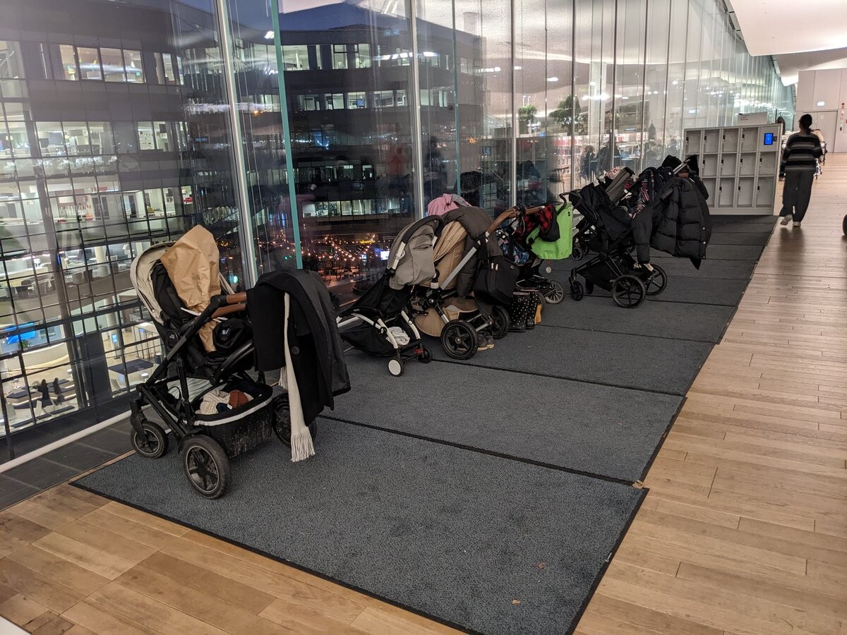 Kid's strollers parking ahead of a city view.
